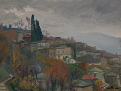 Zagora View with Haze, Wintry — Oil painting, Canvas, 46.00×61.00cm — Theodoros Markellos